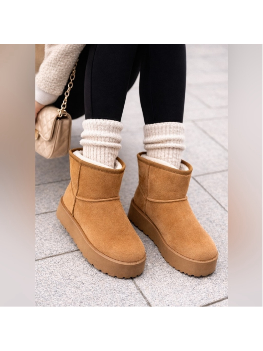 Women's Furry Faux Suede Ankle Platform Booties Tan Size 6.5